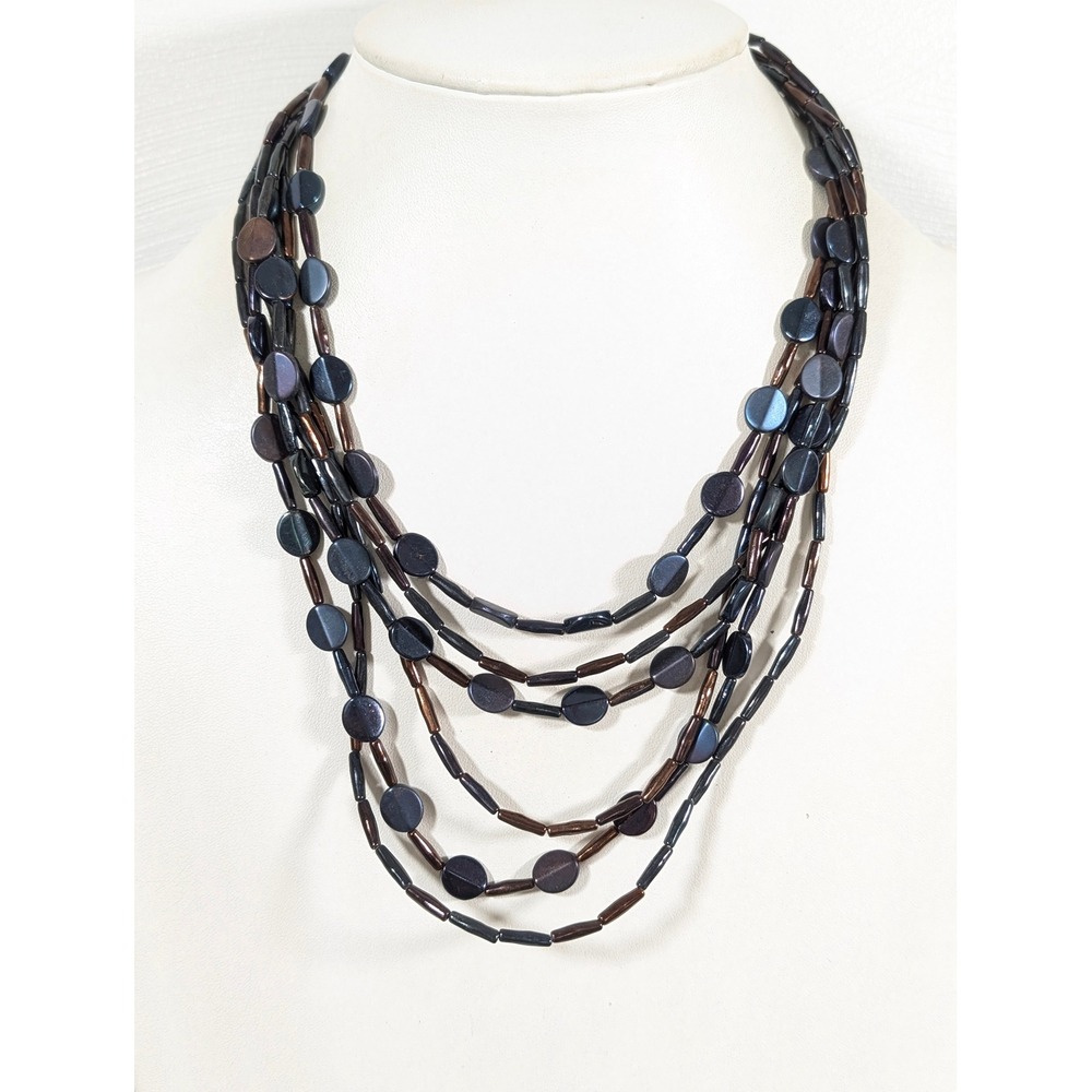 Chico's Brown Gray Iridescent Multi Strand Layered Necklace 22" Statement Beaded